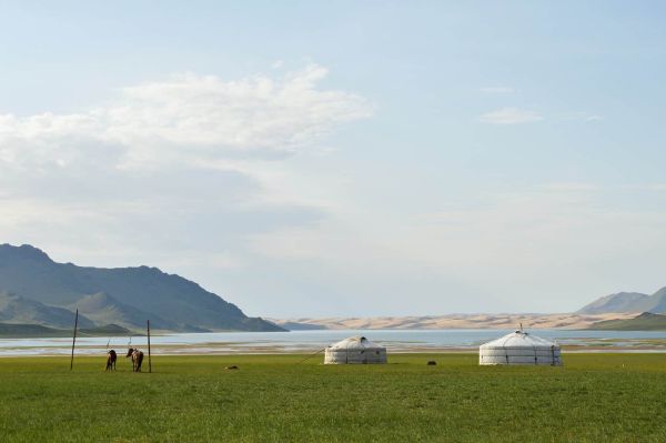 Huts in rural Mongolian landscape
