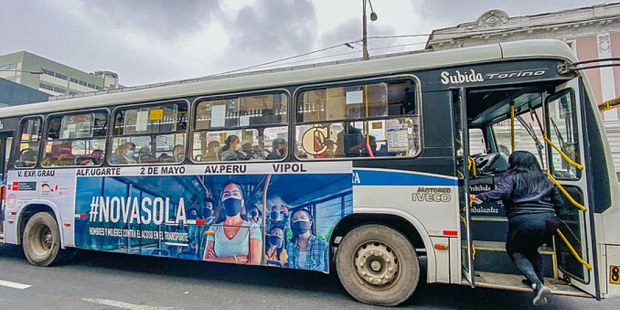 Branded buses as part of Peru’s national campaign on public transportation safety contain the slogan, “In this bus, no one will cover your crime”, aimed at discouraging aggressors of sexual harassment, a punishable crime