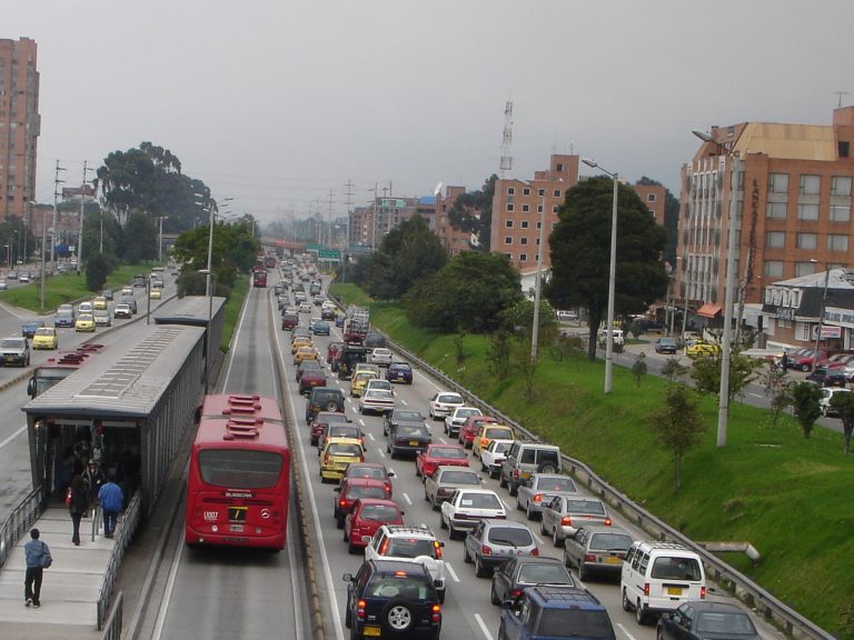 A busy street with traffic in Bogota, Colombia