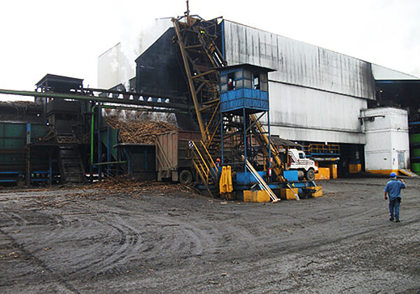 Sugarcane is delivered by trucks to the mill and washed before entering the mill in El Higo, Veracruz