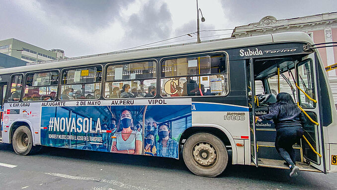 Branded buses as part of Peru’s national campaign on public transportation safety contain the slogan, “In this bus, no one will cover your crime”, aimed at discouraging aggressors of sexual harassment, a punishable crime