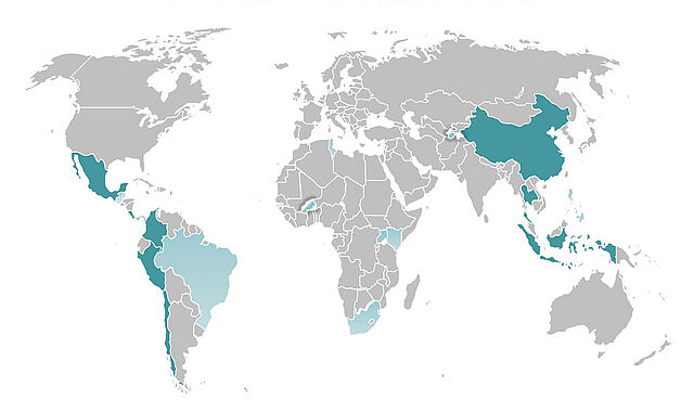 World map coloured NAMA project countries